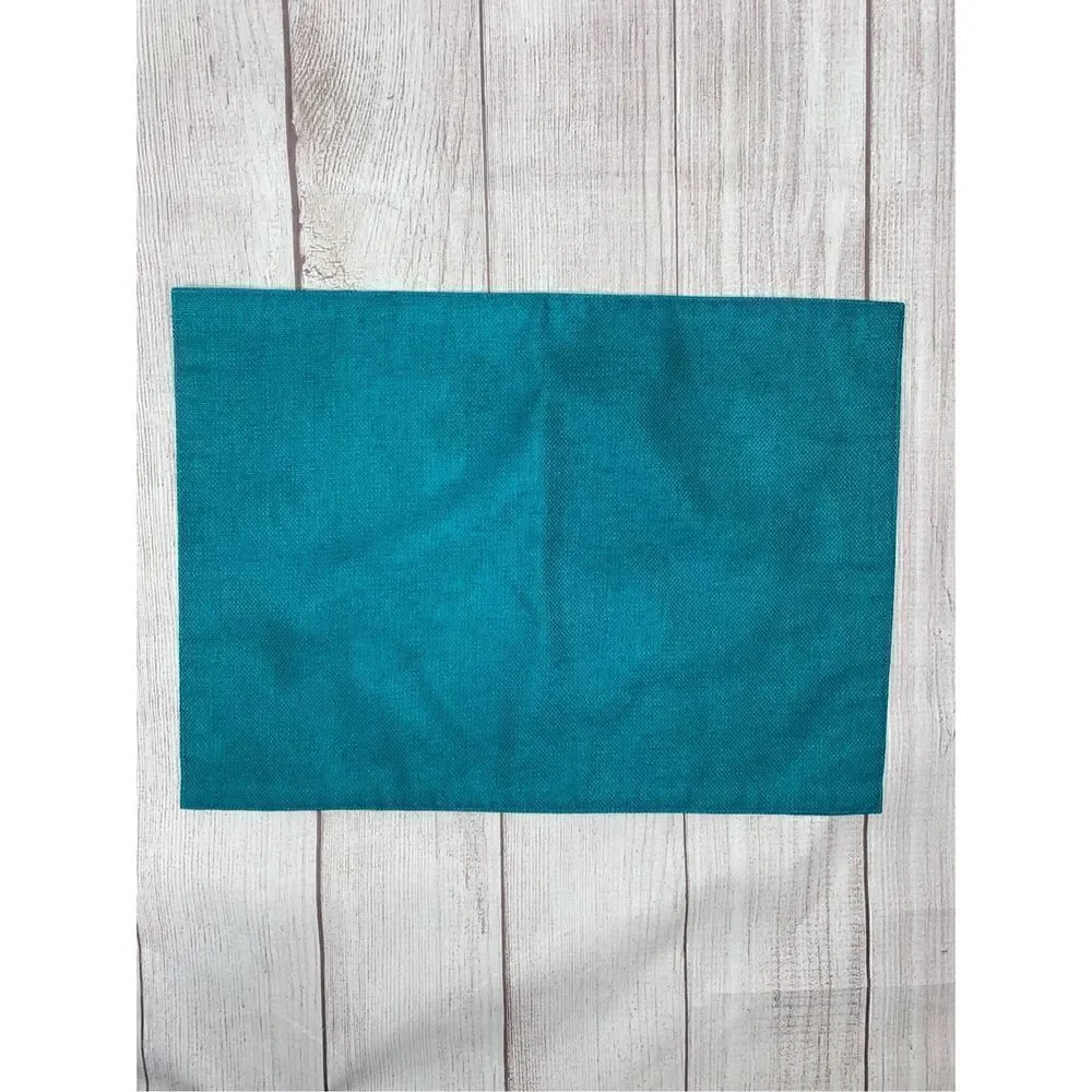 Floral print table cloth, napkins, napkin rings, 2 solid teal placemats